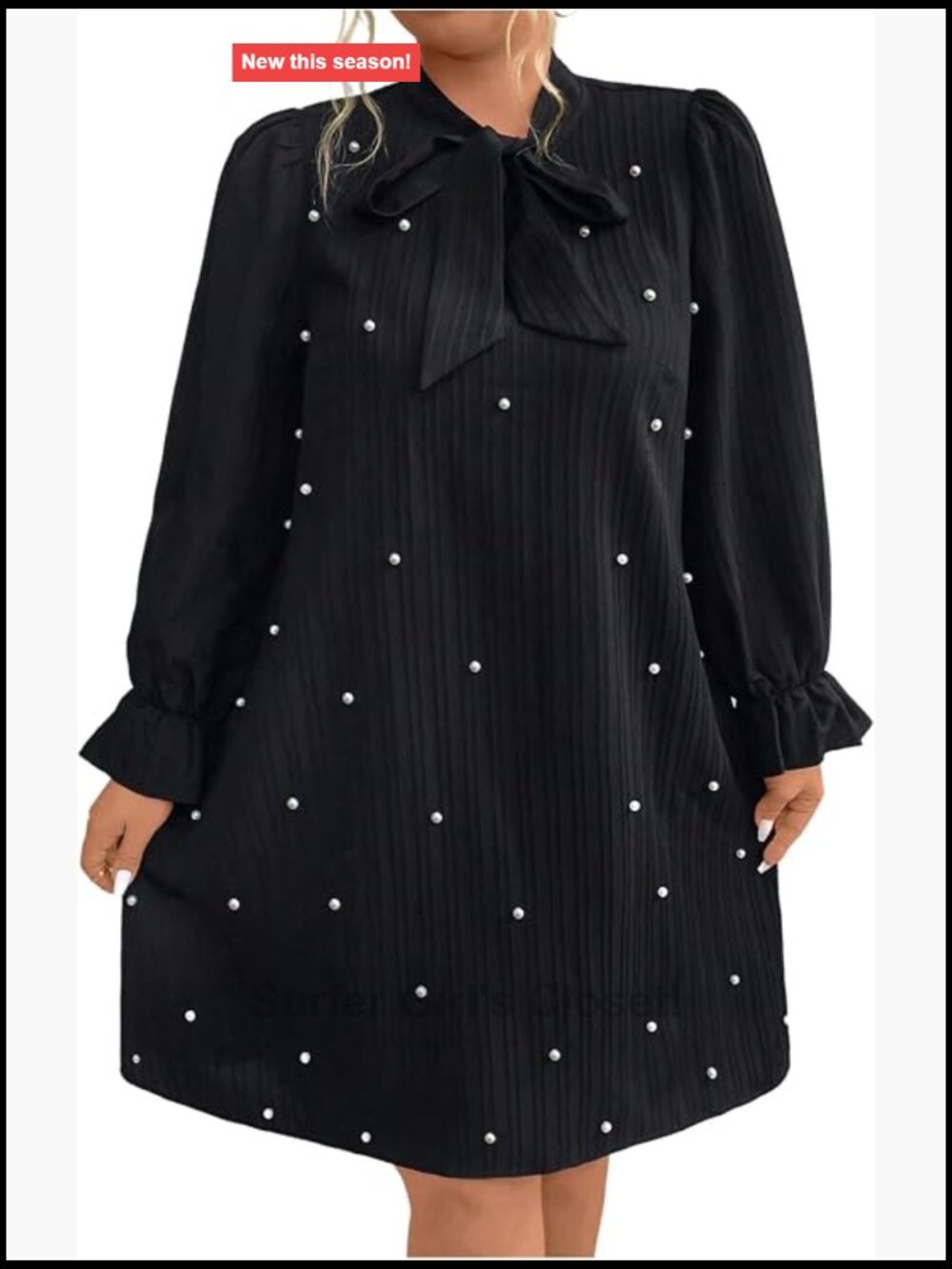 Plus Size Pearl Beaded Tunic Dress Long Sleeve Tie Neck Casual